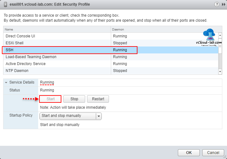 vmware vsphere esxi, edit security profile, SSH daemon stopped running, start and stop manually, startup policy