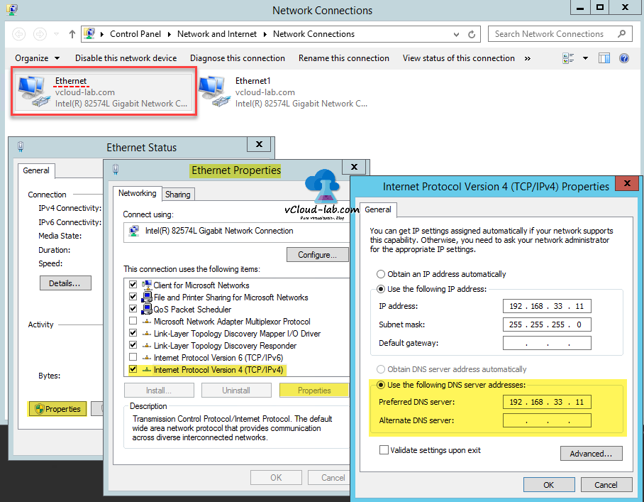 Windows Powershell Network Connections physical adapter Ethernet properties Internet Protocol version 4 tcpipv4 dns server addreses preferred dns