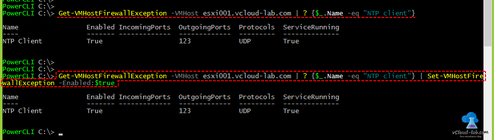 Powercli esxi time configuration NTP (Network time Protocol) vmhost Get-VMHostFirewallException NTP client Set-VMHostFirewallException enabled UDP port 123, incoming and outgoing port 