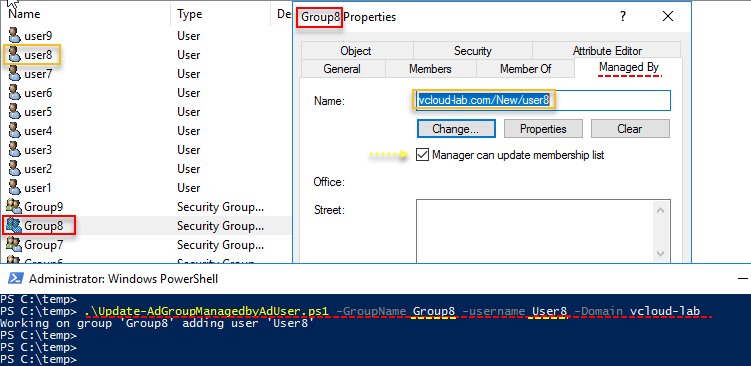 Active directory users and comptuers powershell, Group properties managed by Name change update, manager can update membership list