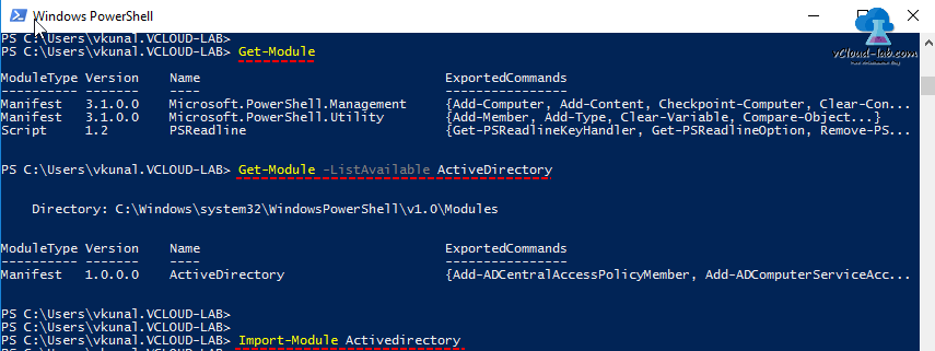 Microsoft windows powershell, Get-module -listavailable any module, Import-Module activedirectory