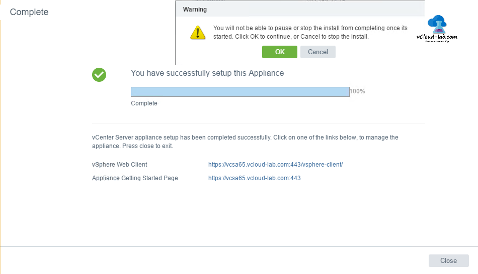 vcenter setup configuration vcsa appliance completed successfuly, 443, vsphere web client