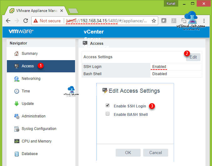 VMWare vcenter appliance vcsa management portal 5480 edit access settings, ssh login enabled bash shell