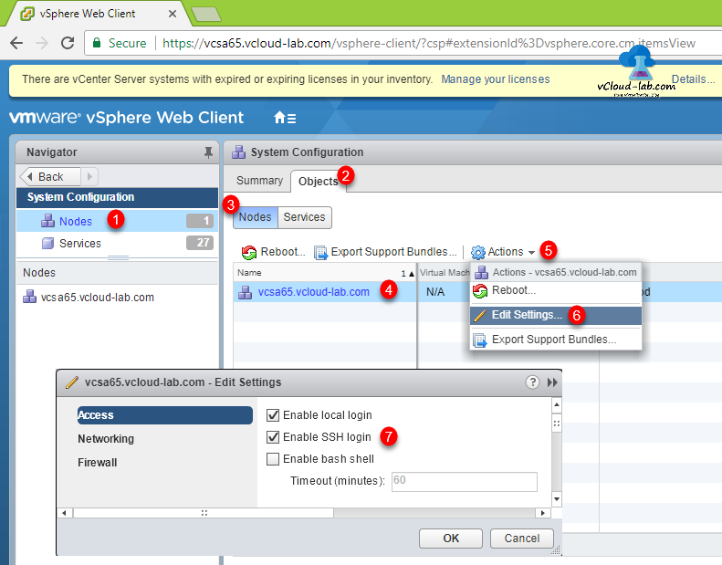 vmware vcenter server appliance, vcsa, vsphere-client, System Configuration, Nodes and services, Objects action, edit settings, enable ssh login, access