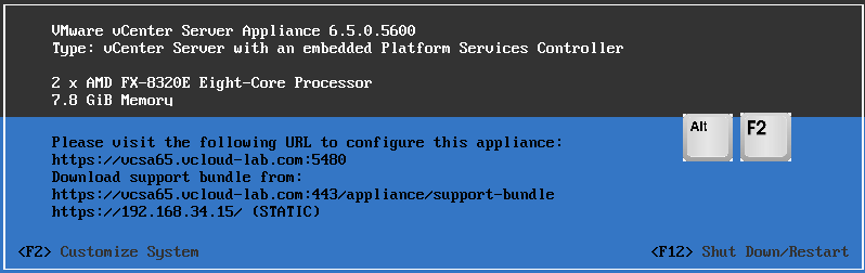 vmware vcenter server appliance  with embedded platform service controller vcsa DCUI direct control user interface alt f2 enable ssh