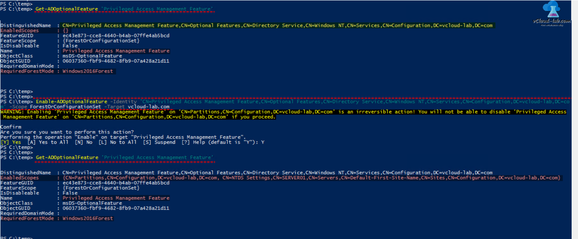 Powershell Active directory ad domain controller Get-AdoptionalFeature, Enable-AdoptionalFeature, Privileged access management feature, target, enabled scopes, object guid class