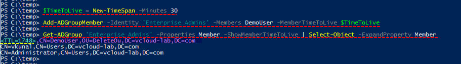 Microsoft Powershell Active directory domain Controller, Time to live, pam priviledged access management features add-adgroupmember, get-adgroup, new-timespan.png