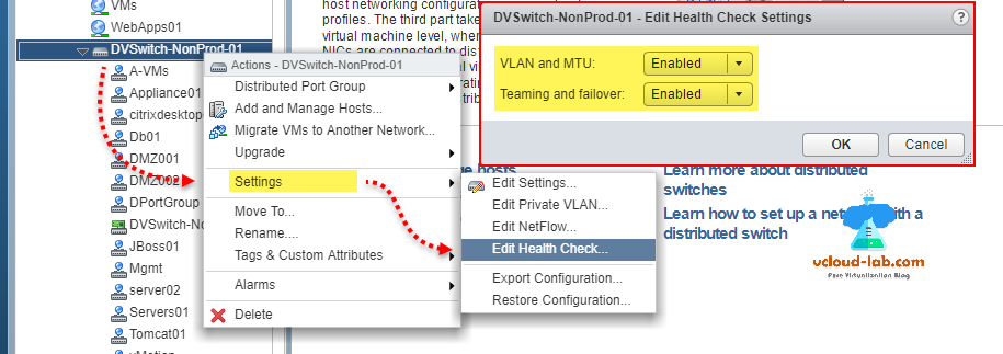 vmware vsphere web client, dvswitch, distributed virtual switch settings, Edit Health check settings, VLAN and MTU enabled, Teaming and Failover enabled..png