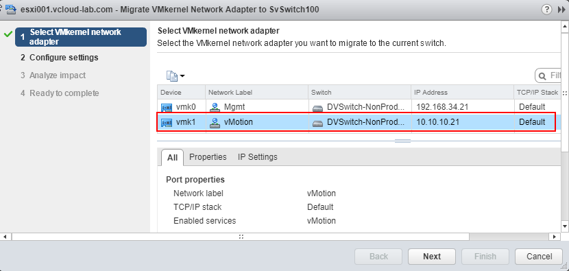 dvSwitch, migrate vmkernel network adapters to standard switch select vmkernel network adapter vmk1 vmtion, vmware vsphere web client, vcenter esxi, tcp ip stack, ip settings, port properties