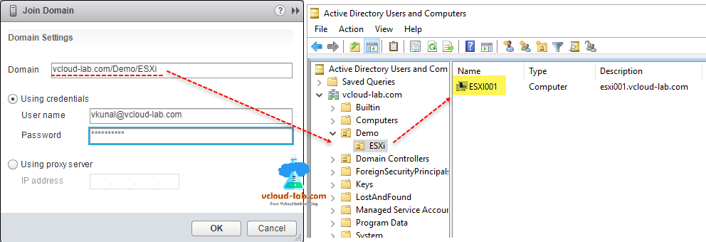 esxi join domain, domain settings, organization unit, ou using credentials.vmware vsphere, vcenter, proxy server, active directory users and computers, esxi computer account type