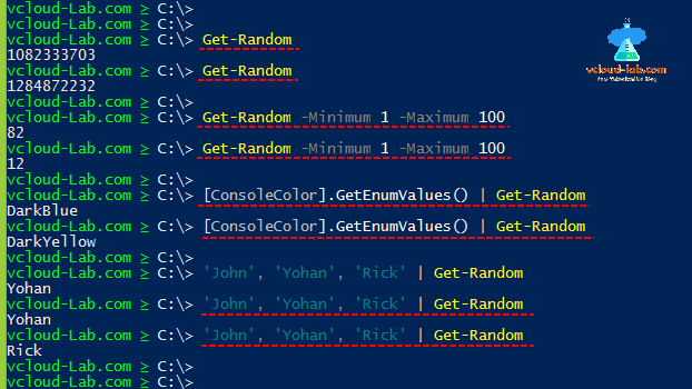 Microsoft powershell, Get-random, minimum maximum, consolcolor, getenumvalues, generate random string values