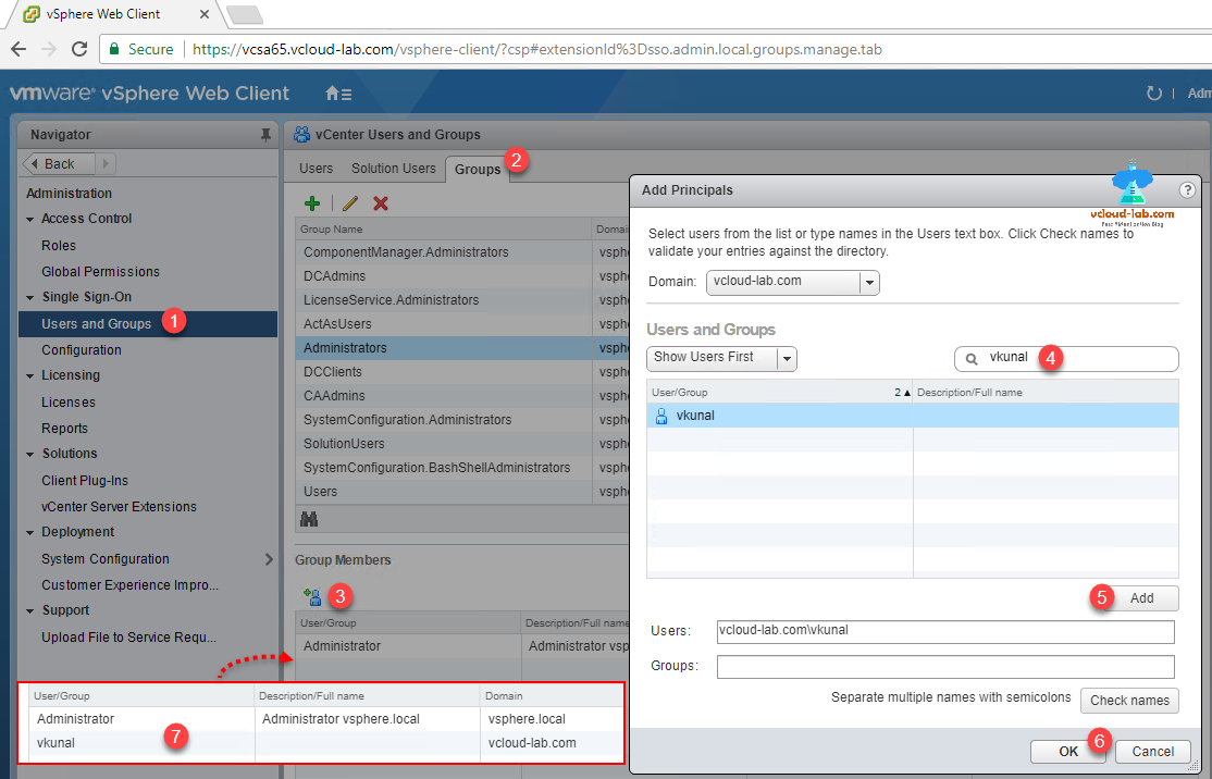 vmware vsphere web client home, psc, platform services controller sso users and groups configuration, administration, add group members, administrators.png