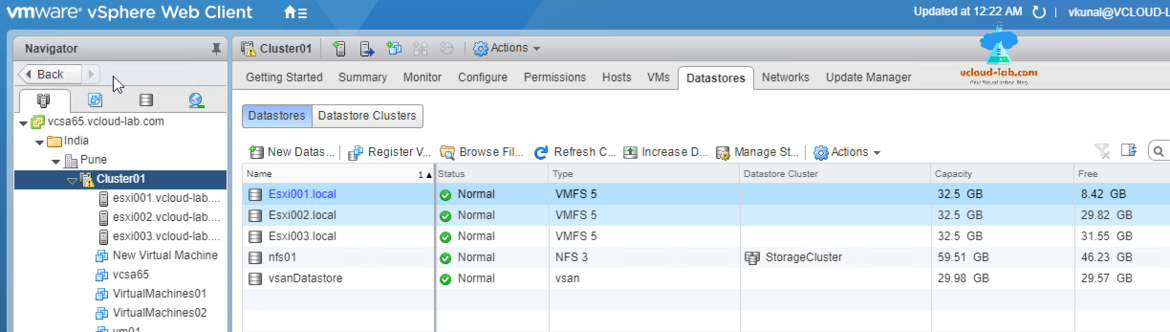 vmware vsphere web client, cluster vsan configuration datastores view, vsan datastore, vmfs, vsan, storage cluster