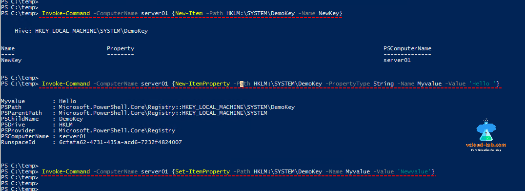 Microsoft windows powershell, invoke-command new-item new-itemproperty, set-itemproperty, itemtype, propertytype, my value, remote registry, modify new reg key