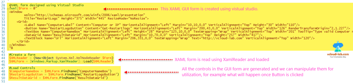 Powershell WPF XAML xml form xmlnodereader, get-eventlog, Visual studio community gui form builder, message box