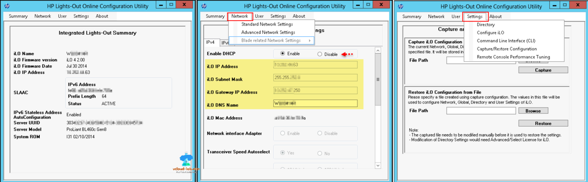 HP hawlett packerd, HP lights-Out online configuration utility, configure ILO Ip remotely, capture settings, import and export