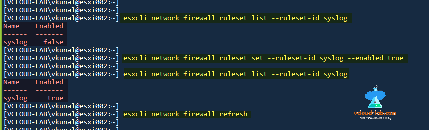 vmware vsphere esxi, esxcli network firewall rulese list, set, firewall refresh, putty ssh esxi, enable firewall ruleset list