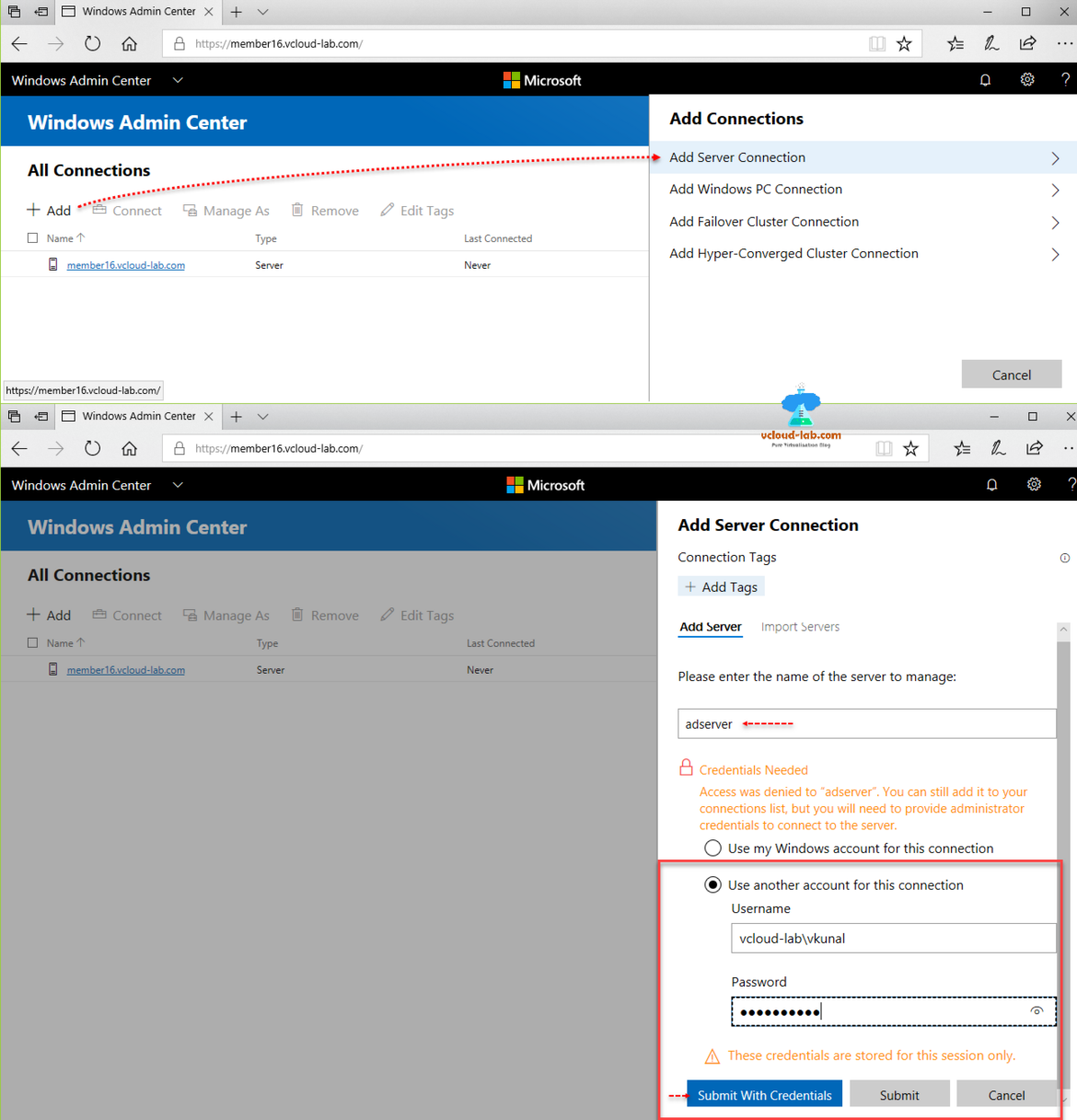 Windows admin center, project honolulu, Add connection server connection, add server tages, credentials