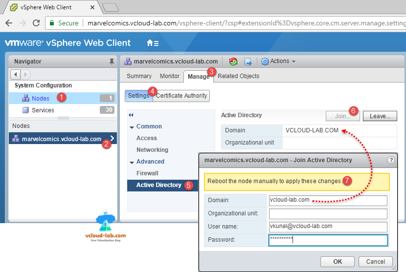 system configuration vmware vsphere web client, manage settings active directory join vCenter into active directory