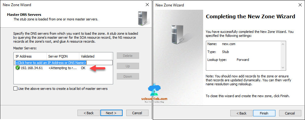 dns server master dns servers stub zone, completing the new zone wizard cross domain admins rights