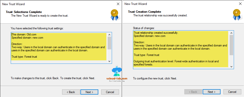 active directory turst selection and creation complete, trust type, forest trust, two-way, outgoing trust authentication cross domain admin privileges