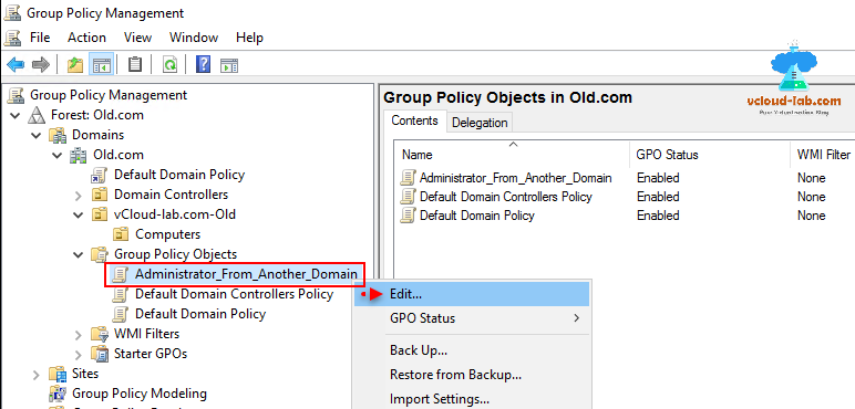 Group policy management forest, domains, group policy object, gpo, default domain policy, edit gpo, administrator from another domain.png
