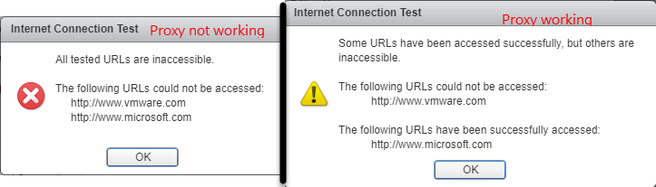 vum vmware vsphere update manager internet connection test connection all testes urls are inaccessible, proxy settings