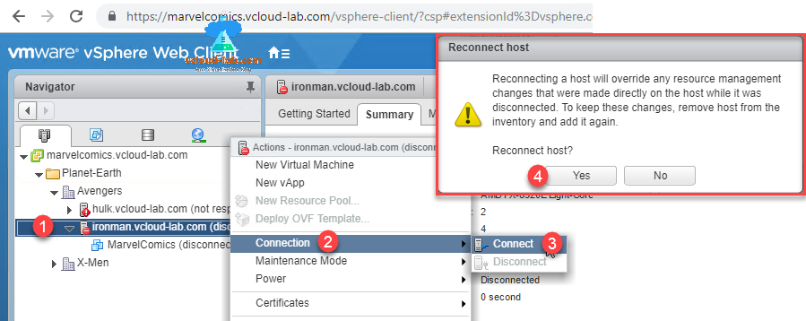 vmware vsphere web client reconnect disconnected host connection esxi licenses expired free license Inventory.png