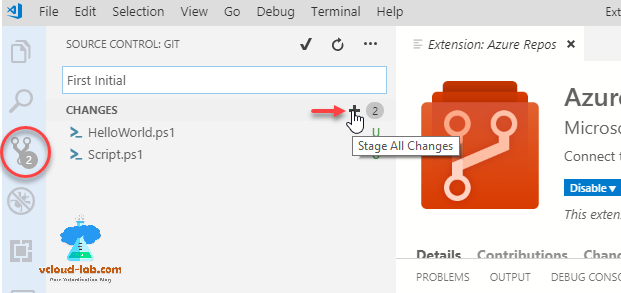 visual studio code powershell source control git first change, staging stage all changes