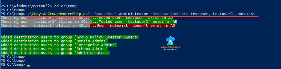 powershell pwsh, active directory module, ad, domain controller, domain services, copy clone ad group membership member of to another user get-aduser, Add-ADGroupMember .png