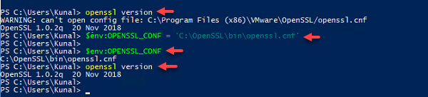 powershell openssl warning can't config file openssl cnf, environment env OPENSSL_CONF, as administrator, openssl version, setup path in environment variable, create new key and crt certificate self signed.png