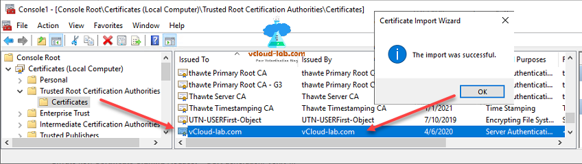 vmware esxi mmc console root certificates local computer trusted root certification authorities certificates import wizard, the import was successful openssl.png