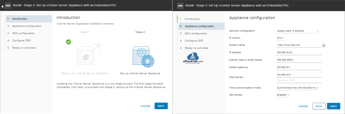 vcsa vcenter appliance configuration phase 1,2  stage 1,2 installation sso configuration single signed on psc platform services controller ceip embedded PSC vmware workstation.png