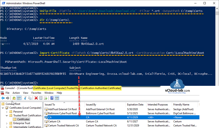 Powershell unzip-file import-certificate certstorelocation, local machine computer trusted root certificate authorities certificate cert vmware vsphere vcenter vmca vcsa esxi rootca.png