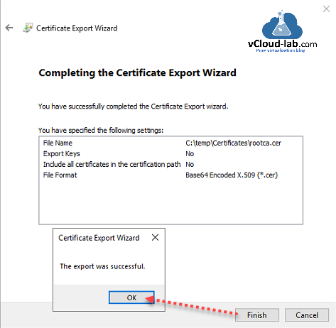 vmware vsphere vcenter appliance certificate authority vcsa vmca certificate export wizard  completing the certificate export wizard .cer microsoft rootca intermidiate subordinate ca certificate authority.png