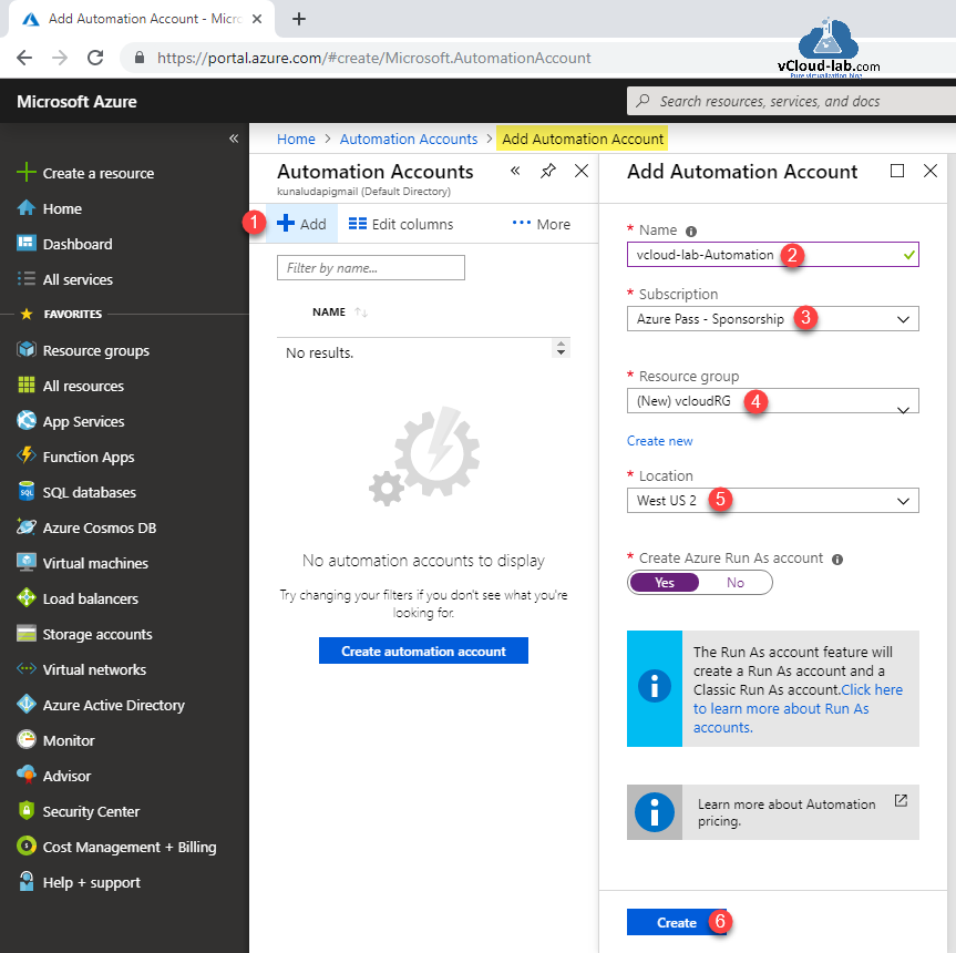 Microsoft Azure Add automation Account All services Resource group free subscription sponsership Azure create automation account Run as Account powershell desired state configuration azure DSC as a code.png