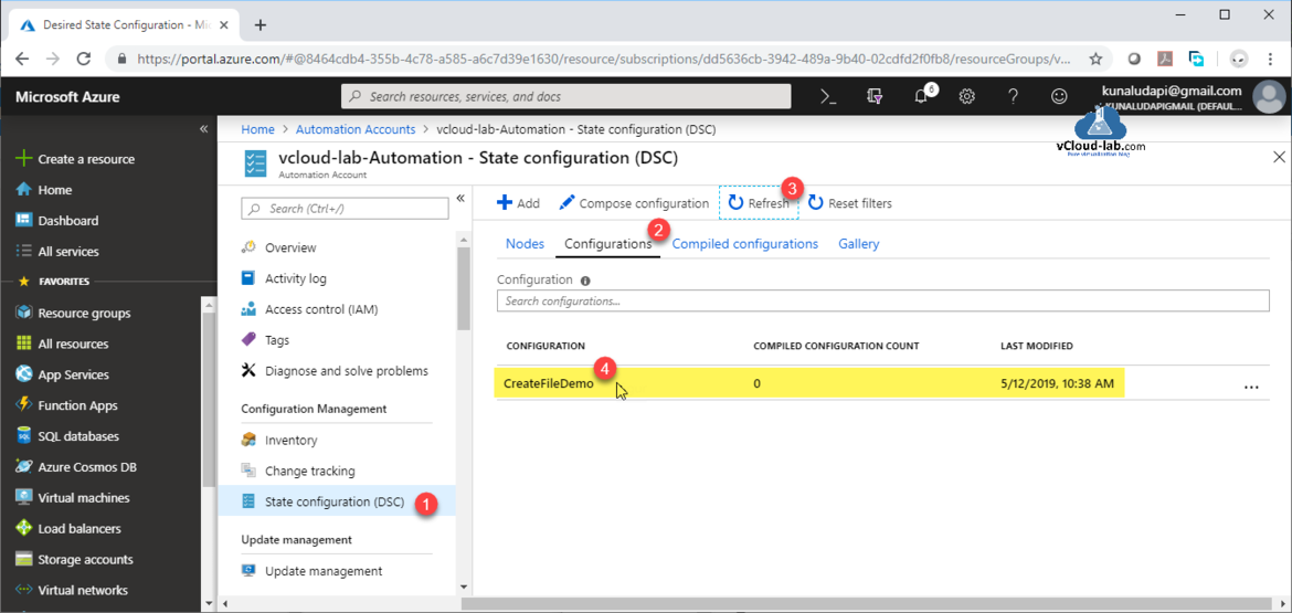 Microsoft Azure free subscription sponsership Create a automation account desired state configuration (DSC) Complied configurations import dsc script upload ps1 configuration diagnose solve problems IAM.png