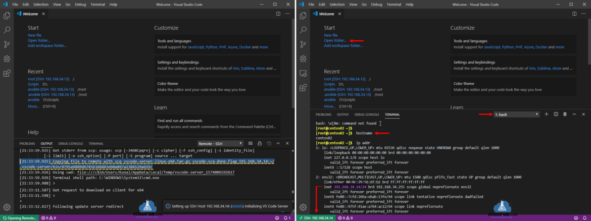 visual studio code microsoft remote ssh extension copying file to remote with scp vscode-server-linux-x64.tar.gz download client connection successfull wget setup ssh host.png