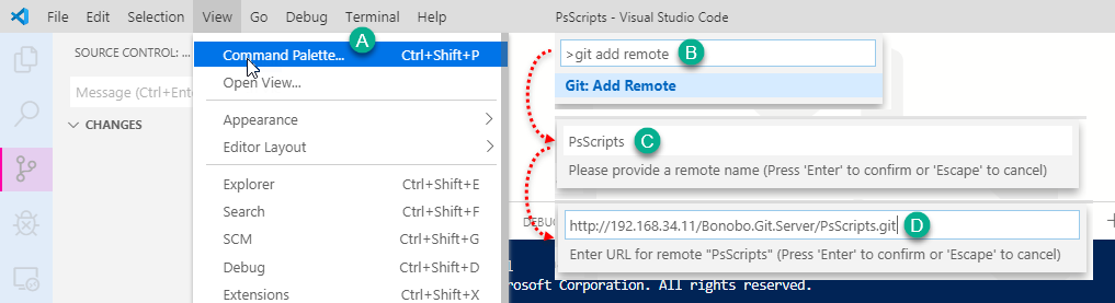 visual studio code vscode command palette source control git add remote powershell provide remote name enter url for remote git press enter to confir, bamboo git server github.png