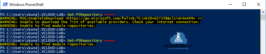 Powershell Get-PSRepository warning unable to find module repositories unable to download the lis tof available providers, check your internet connection msg unable to download.png