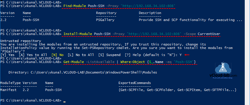 Microsoft powershell find module -proxy install-module -scope currentUser get-module -listavailable where-object untrusted repository, trust repository change its installationpolicy value set-psrepository psgallery.png