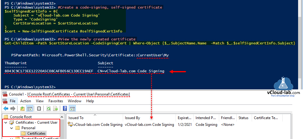 microsoft powershell code signing self signing certificate certstorelocation new-selfsignedcertiificate currentuser get-childitem codesigningcert where-object match psparentpath currentuser my.png