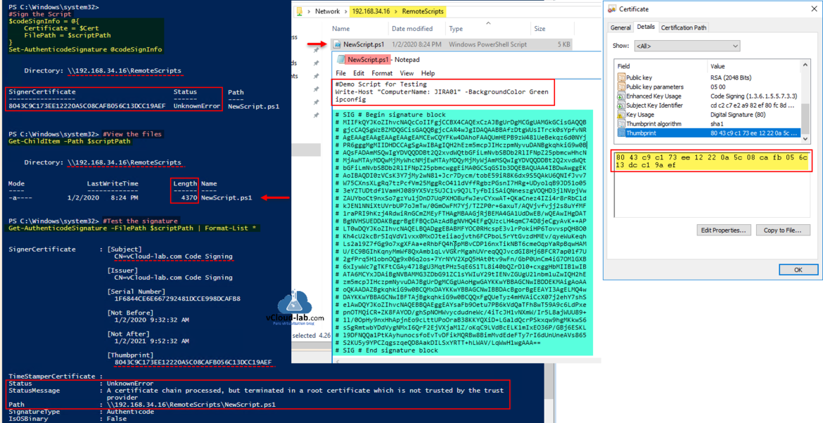 Microsoft Windows Powershell set-authenticodesignature remotesigning executionpolicy get-childitem get-authenticodesignature filepath format-list signercertificate unknownerror.png