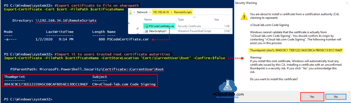 Microsoft powershell export-certififate cert filepath directory import-certificate thumbprint subject certificate currentuser root certification authoritiy ca claiming to represent install cert security warning.png