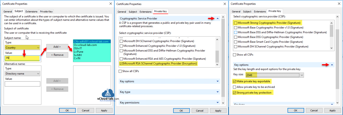 vmware vsphere vcenter 7 ceritifate properties subject name Microsoft RSA SCHannel Cryptographic Provider(Encryption) Key option, key size make private key exportable.png