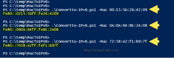 convertto-ipv6.ps1 microsoft powershell, convert mac address to  ipv6 address select-object mac to local link ip address.png