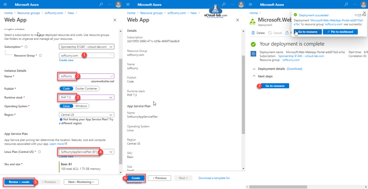 Microsoft Azure Web app paas platform as a service subscription sponsered free resource group services instance details publish code docker container runtime stack region sku plan size.png