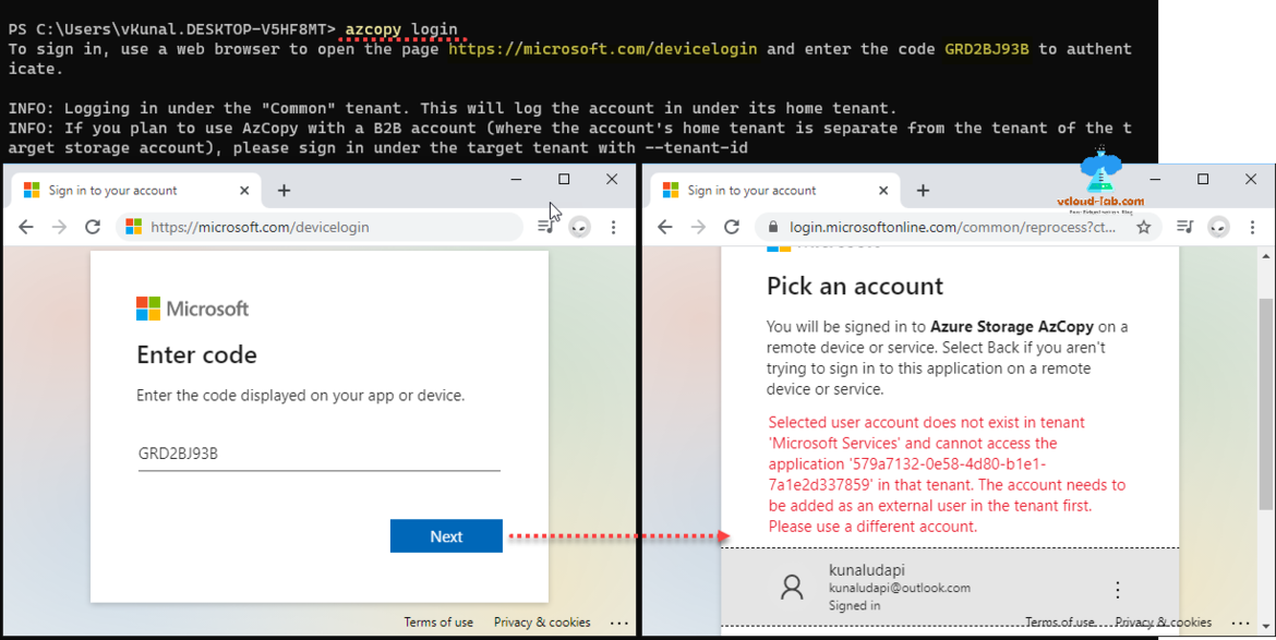 Microsoft Azure cloud azcopy login storage account tool blob binary large object Microsoft devicelogin sign in to your account tenant-id Microsoft services user account not exist.png