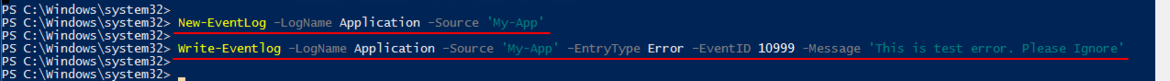 Microsoft Powershell scripting New-EventLog -logname application -source myapp wrtie-eventlog -logname system -source Entrytype Error Information warning -eventid -message.png