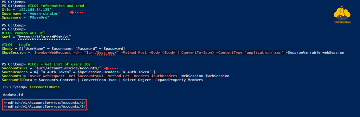 Microsoft Powershell hpe ilo5 restful api redfish x-auth-token account serviices invoke-webrequest method get delete header authentication header convertfrom-json select-object expandproperty convertto-json body .png